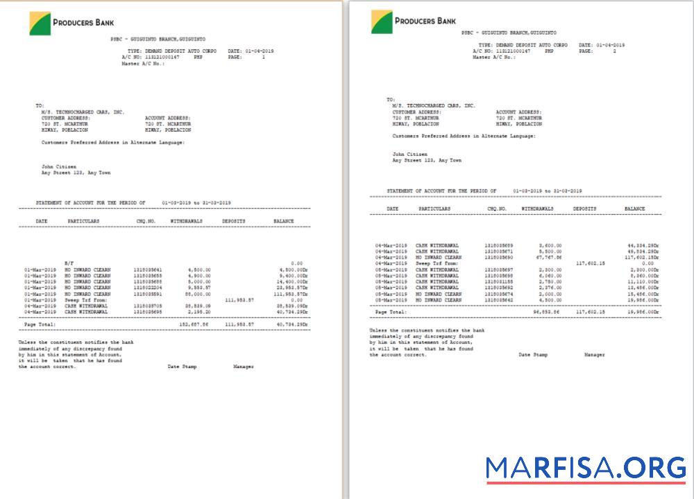 Printable Philippines Producers bank statement word 2 pages template